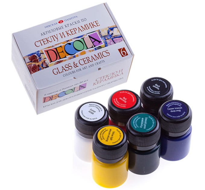 Акрил набор 6 цветов/20 мл, по стеклу и керамике, ДЕКОЛА 4041026