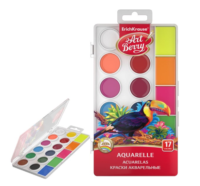Акварель 17 цветов, без кисти, неоновая, с увеличенными кюветам ArtBerry® Neon с УФ защитой яркости 54008