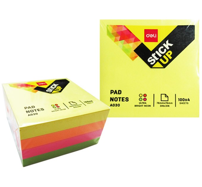 Блок для заметок Deli, с липким слоем, 4х100 л., 76х76 A03003