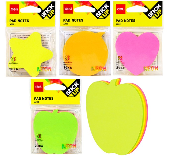 Блок для заметок Deli, с липким слоем, фигурный, NEON, 4х20 л., 76х76 А03202