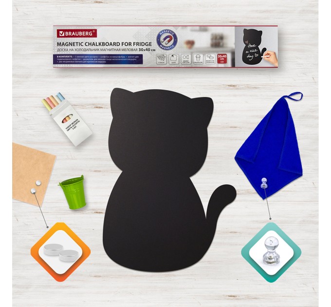 Доска 420х300 магнитно-меловая с мелками, магнитом и салфеткой, на холодильник, PUSSY CAT 237840