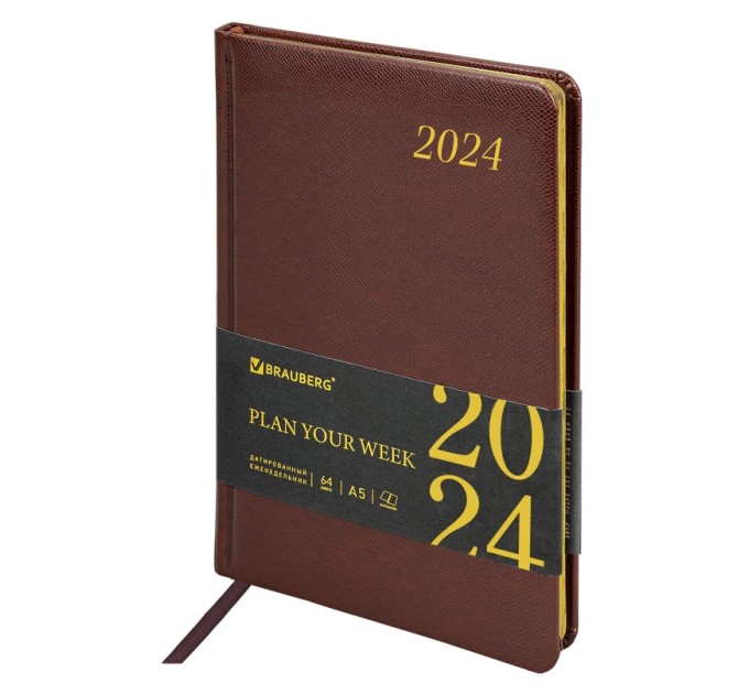 Еженедельник A5, 64 л., датированный, кожзам, золотой срез, коричневый, «Iguana» (2024 г 115022