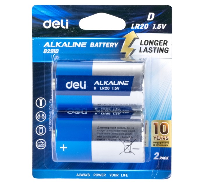 Батарейка LR20 Alkaline, Deli, 2 шт в блистере 82910