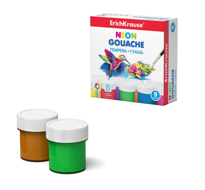 Гуашь 9 цветов/20мл, неоновая, ErichKrause® Neon 50538о