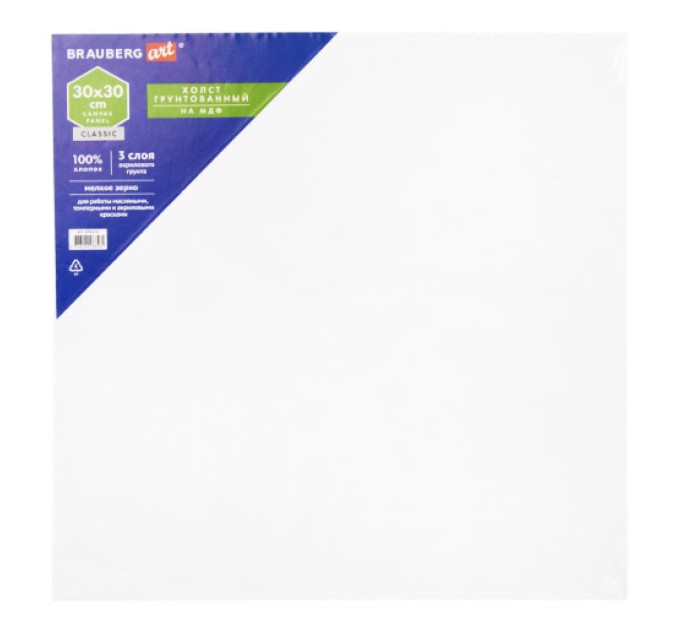 Холст на МДФ, 30х30, хлопок 100%, мелкое зерно, грунтованный, 280 г/м² 191672
