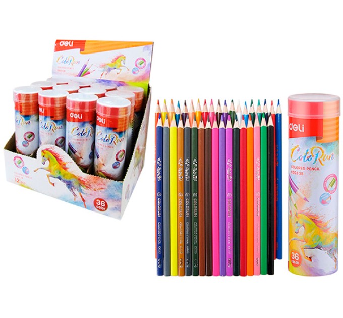 Карандаши Deli «ColoRun», 36 цветов, треугольные, в металлической тубе 00338С