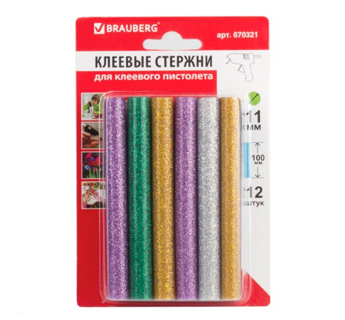 Клей для клеевого пистолета 11/100м, цветные с блестками (12шт/уп) 670321