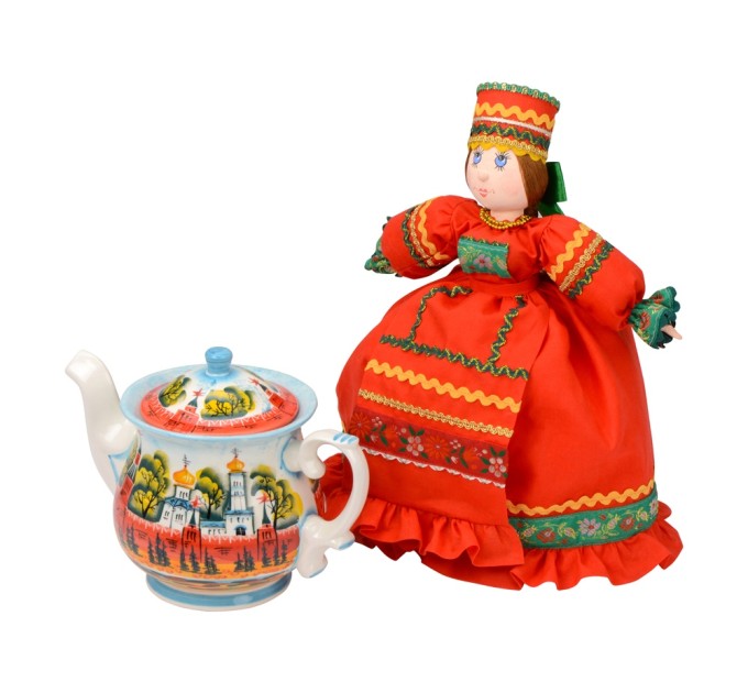 Подарочный набор «Кремлевский»: кукла на чайник, чайник заварной с росписью