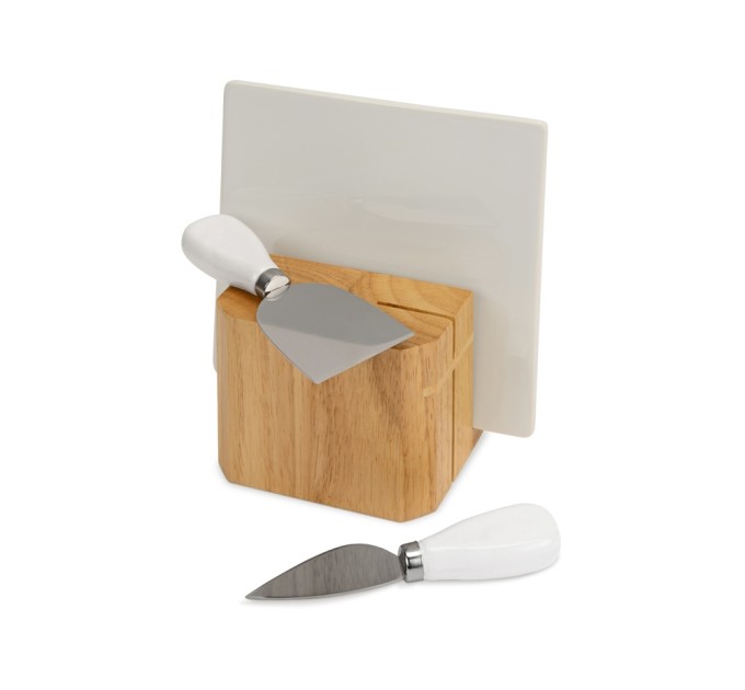 Набор для сыра Cheese Break: 2 ножа керамических на деревянной подставке, керамическая доска