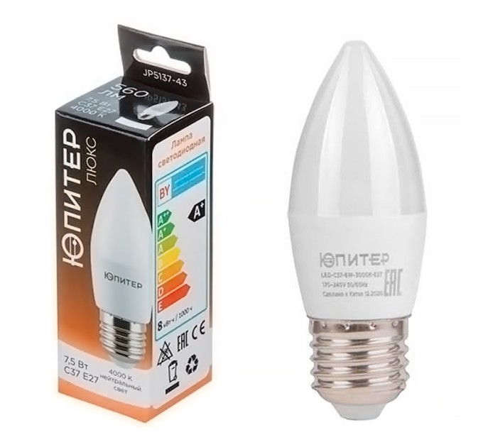Лампа светодиодная С37, Свеча, 7.5Вт/4000К/Е27, ЮПИТЕР ЛЮКС, Нейтральный свет JP5137-43