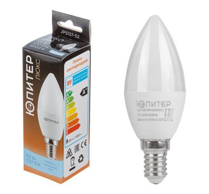 Лампа светодиодная С37, Свеча, 7.5Вт/5000К/Е14 ЮПИТЕР ЛЮКС, Холодный свет JP5137-52