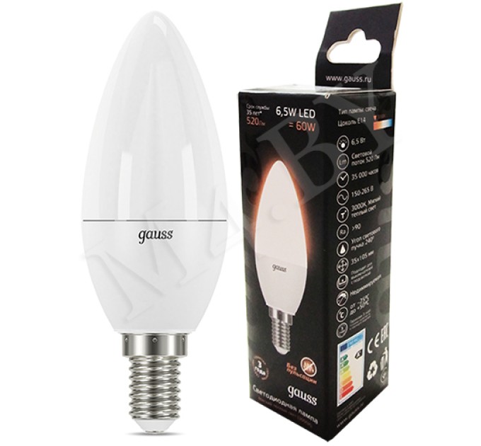 Лампа светодиодная 6.5W/3000K/Е14, Теплый свет 103101107