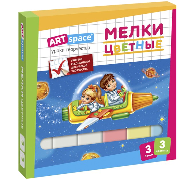 Мелки, 3 шт белые + 3 шт цветные 182721