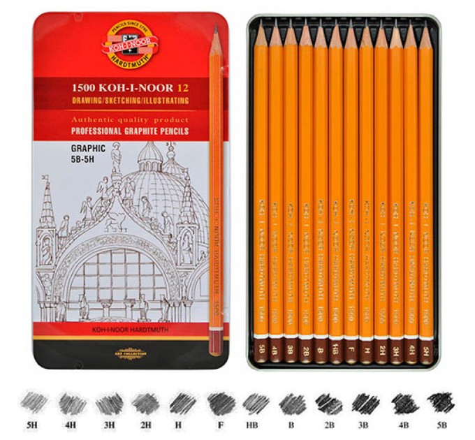 Карандаши 5B-5Н 12 шт, GRAPHIC в металлическом пенале 1502/III