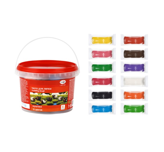 Тесто для лепки 12 цветов х 25 г, в пластиковой банке с ручкой, «Мультики» 150722_02
