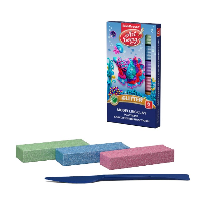 Пластилин 6 цветов/108 г, со стеком, ArtBerry® с Алоэ Вера, «Glitter», с блестками 54034