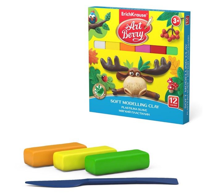 Пластилин 12 цветов/240 г, со стеком, мягкий, ArtBerry® с Алоэ Вера 41782