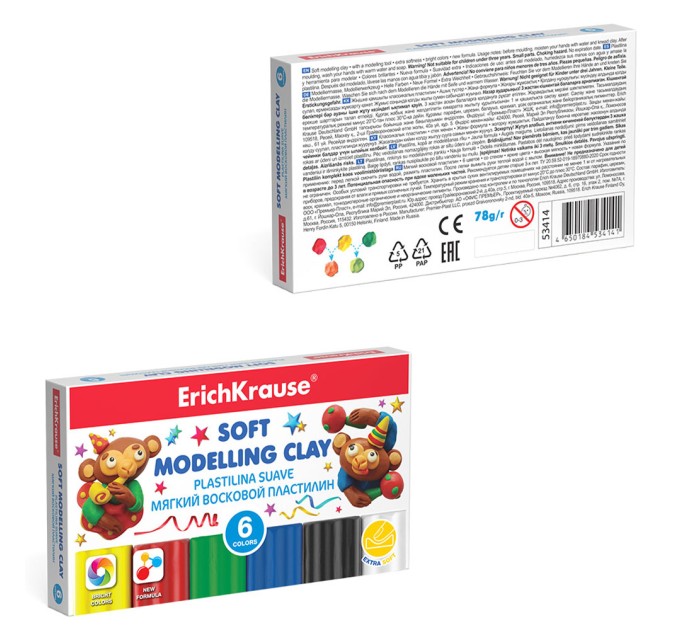 Пластилин 6 цветов/76 г, со стеком, восковой, мягкий, ErichKrause® 53414