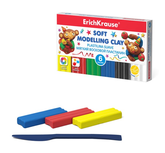 Пластилин 6 цветов/76 г, со стеком, восковой, мягкий, ErichKrause® 53414