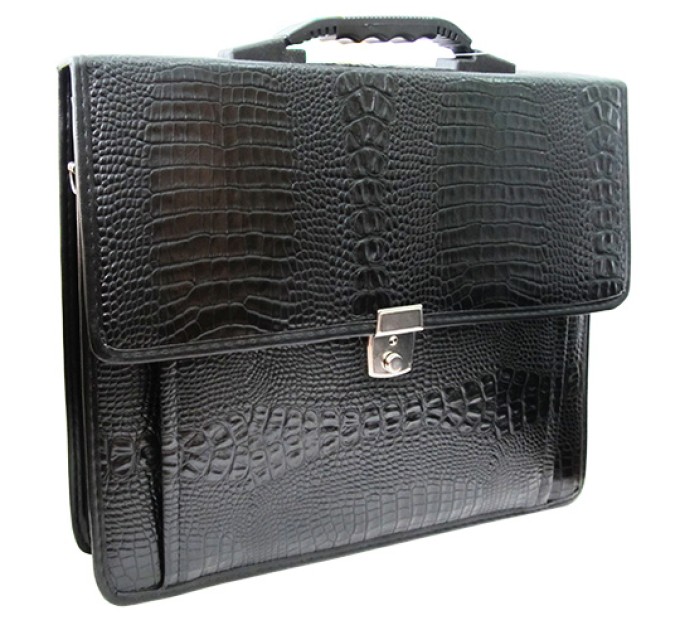Портфель "Palermo" кожзам, кайман, черный, 3 отделения, метал. замок, с ремнем По_КЗ_674