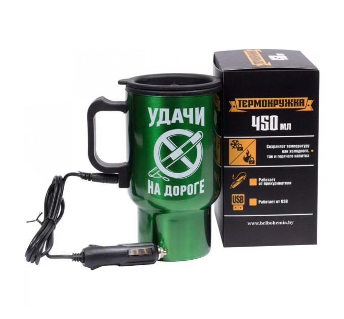 Термокружка пластмасса/металл, с подогревом от прикуривателя, «Удачи на дороге», 450 мл 25221372