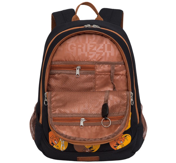 Рюкзак ученический Grizzly, 2 отделения, 2 кармана, анатомическая спинка, черный RD-041-3/5