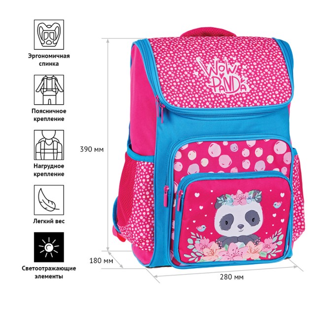 Ранец школьный Happy School «Panda», 1 отделение, 4 кармана, ортопедическая спинка Uni_17682