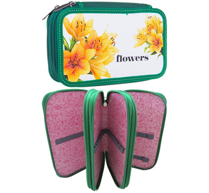 Пенал школьный, 3 отделения, «ЦВЕТЫ» 30П25/3_ПК12_40783