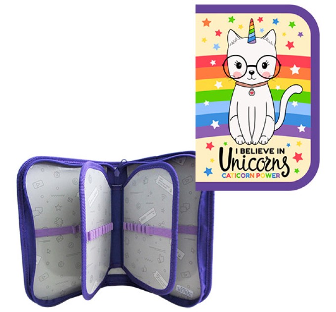 Пенал школьный 3 секции, премиум ткань, SMART BLOCK (2 блока), Кот-единорог П3с-21-248т