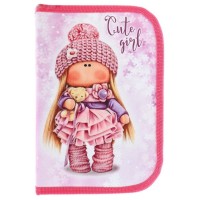 Пенал школьный 3 секции, премиум ткань, SMART BLOCK (2 блока) «Кукла с мишкой» П3с-21-255т