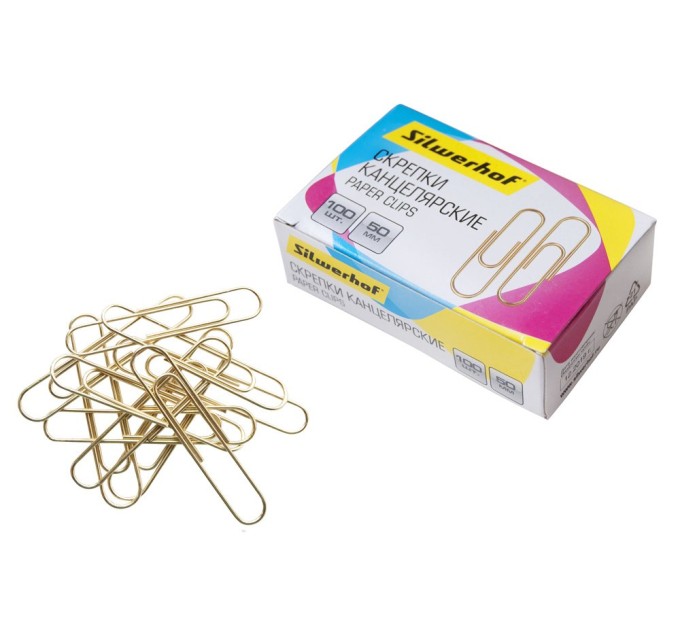 Скрепки 50 мм, 100 шт, металл, золотистые 491040