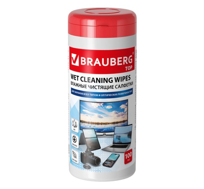Салфетки для экранов всех типов и оптики BRAUBERG ТОП, туба 100 шт., влажные 513812