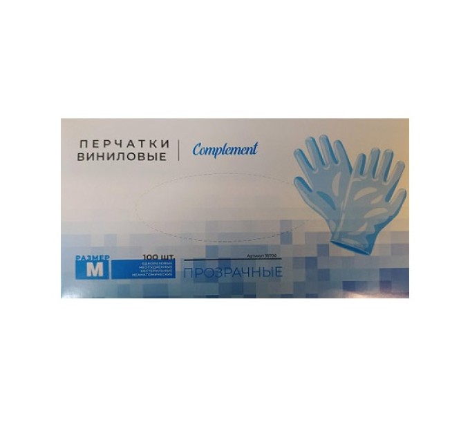 Перчатки виниловые, неопудренные, прозрачные, Complement р. М, 1 пара 35700