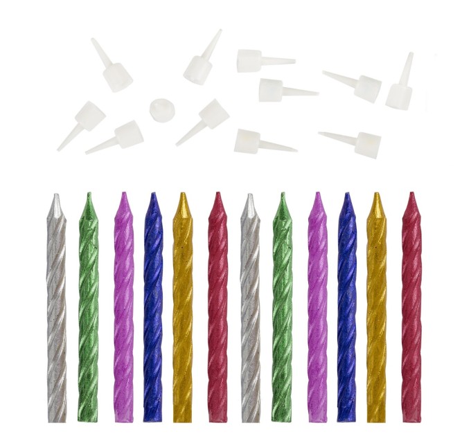Свечи цветные с держателями, 6 см, 12 шт, металлик, ассорти 591450