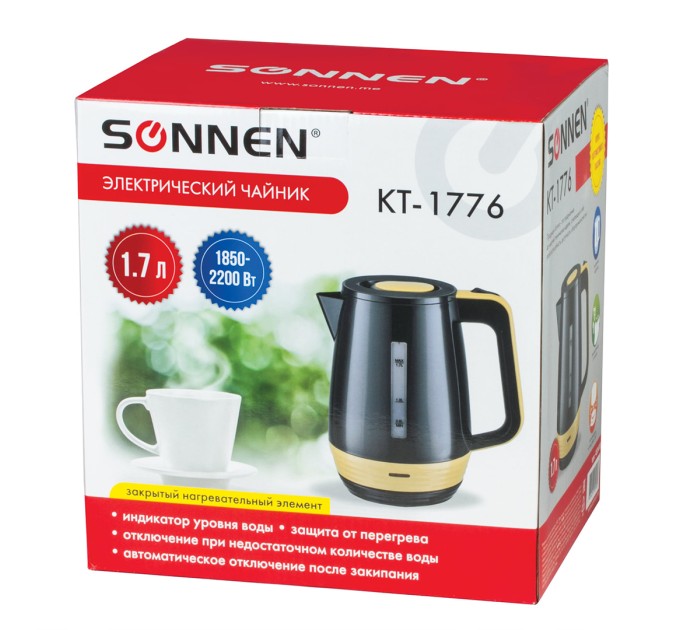 Чайник электрический SONNEN, 1.7 л, 2200 Вт, черный/горчичный КТ-1776