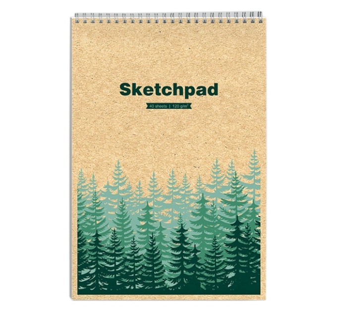 Скетчпад A4, 40 л., на гребне, «Зеленые ели», обл крафт карт, тверд подл. 13270