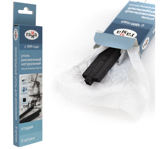 Уголь для рисования натуральный, виноградный, сред. мягкости, 3 шт, СТУДИЯ 080219_03