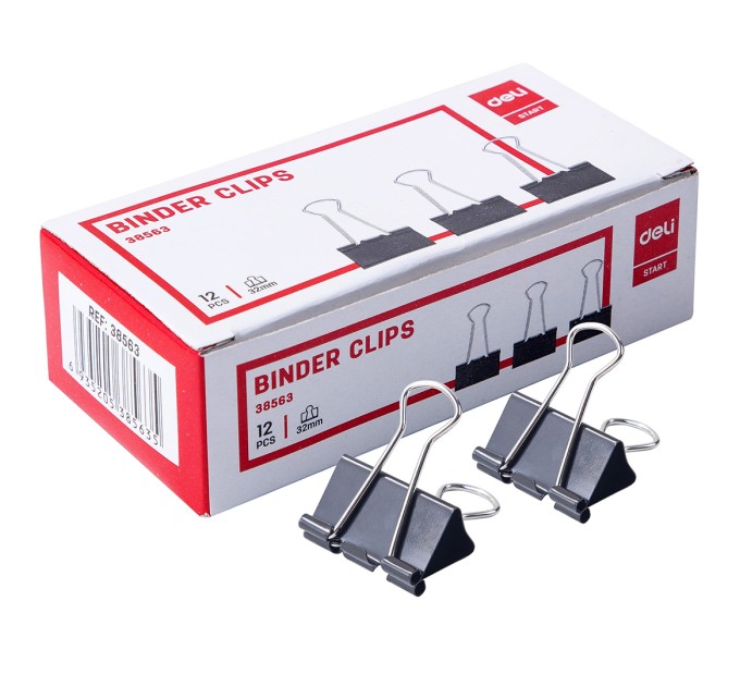 Зажим Deli, 32 мм, черный, 12 шт/уп 38563
